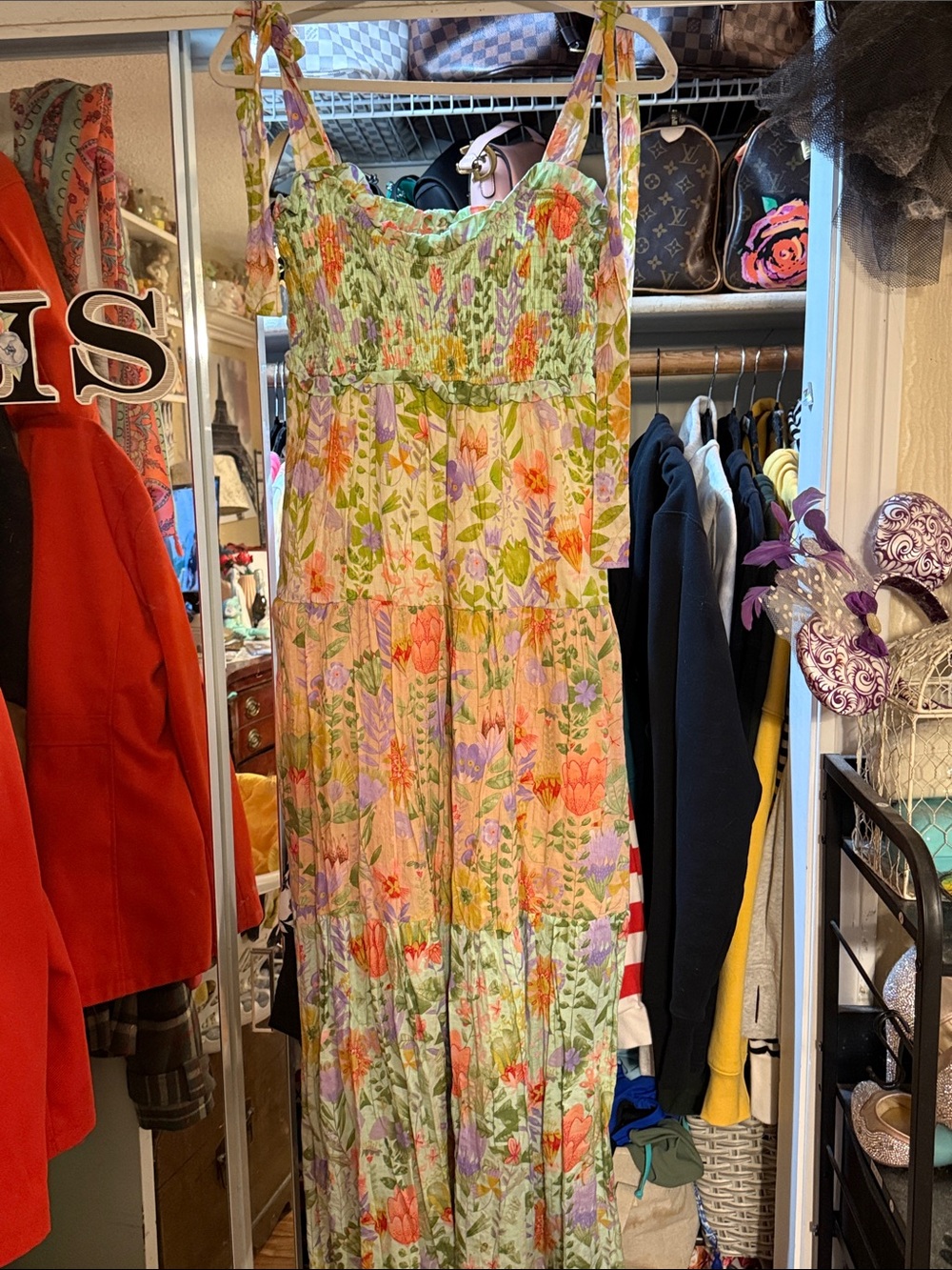 Smocked Tie-Shoulder Floral Maxi Dress in Pastel Multi